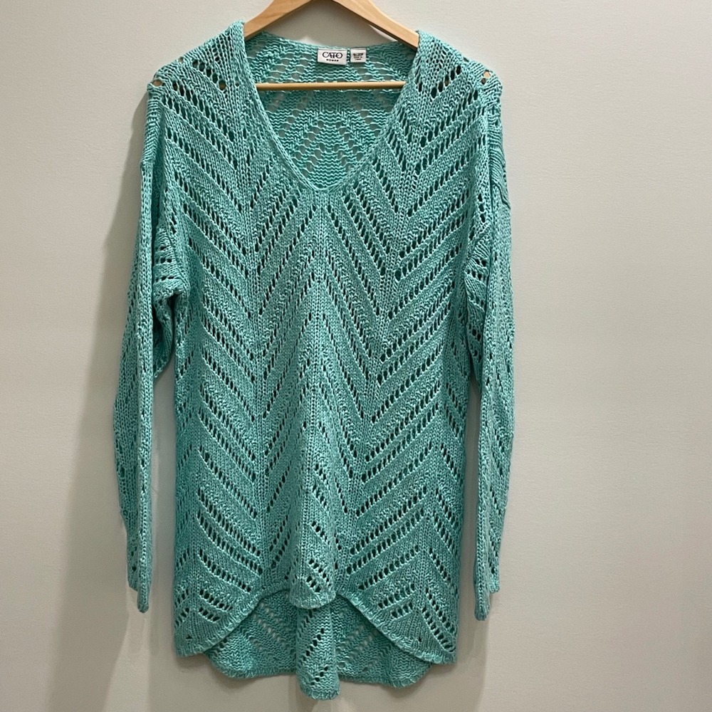 Cato Woman Mint Green Chevron Open Knit V-Neck Sweater Plus Size 18/20W Pullover